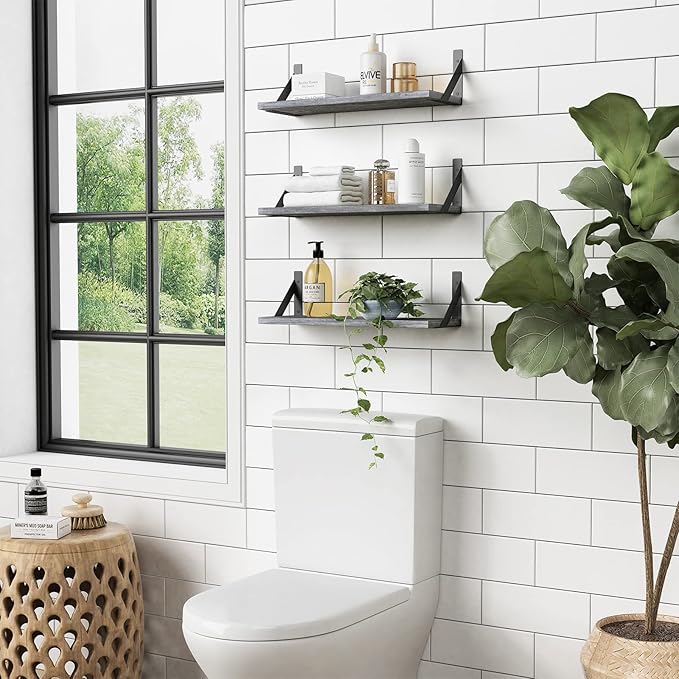 Forbena Grey Floating Shelves for Wall Decor Set of 3, Floating Book Shelves