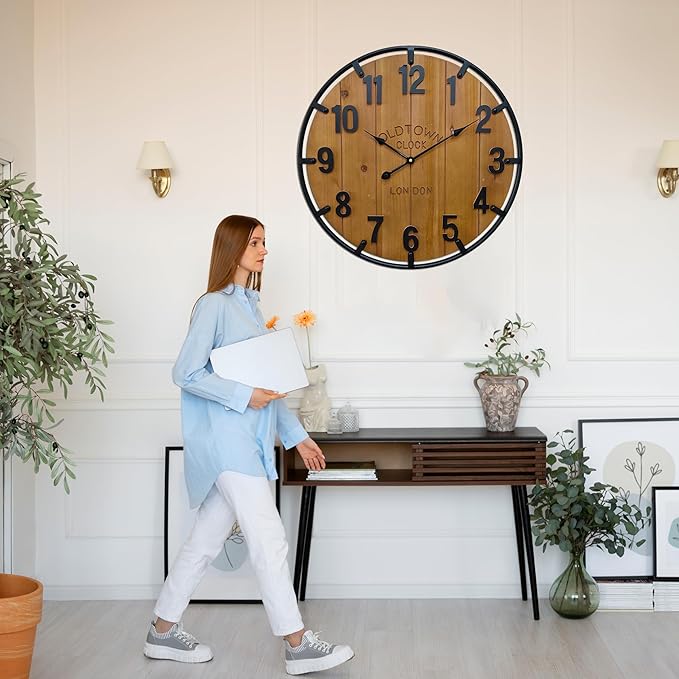 Large Farmhouse Rustic Wooden Wall Clock
