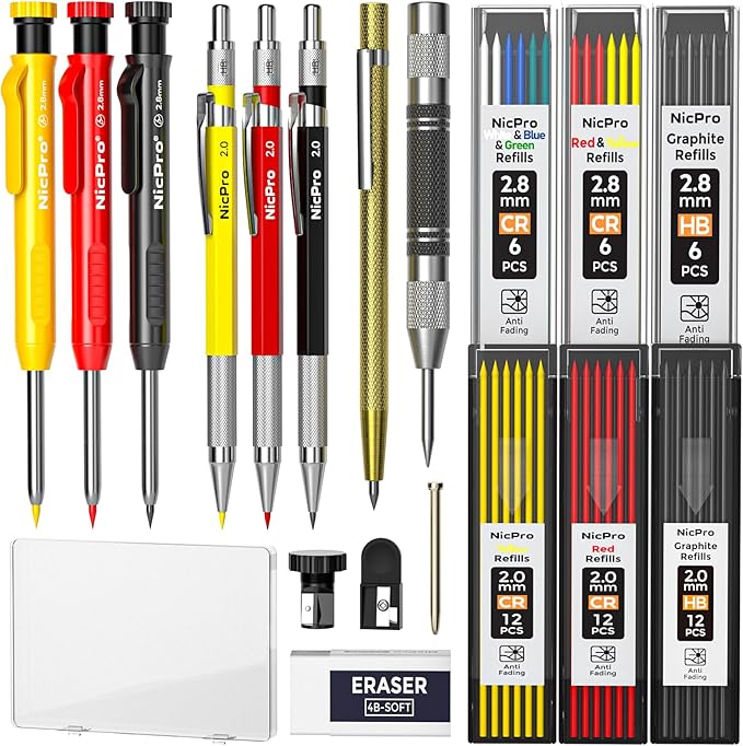 Nicpro 18 Pack Carpenter Pencils Mechanical, Construction Pencils with 60 Refill, Automatic Center Punch and Carbide Scribe Tool, 2.0mm Mechanical Pencil for Woodworking, Best Carpenters Marking Tool