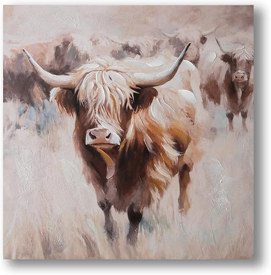 JolyWell Textured Highland Cow Canvas Wall Art Hand painted Farm Animals