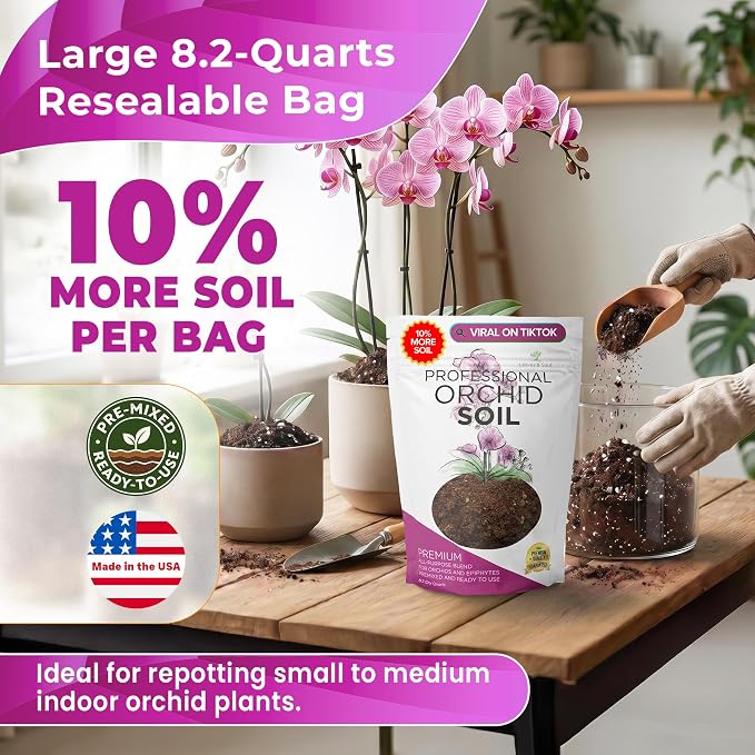 Professional Orchid Soil Mix Ready to Use Extra Large 8.2 Quarts, Premium Potting Soil for Orchids Bromeliads Epiphytic Plants, Fast Draining Blend Lava Calcined Clay Pinebark Made in USA