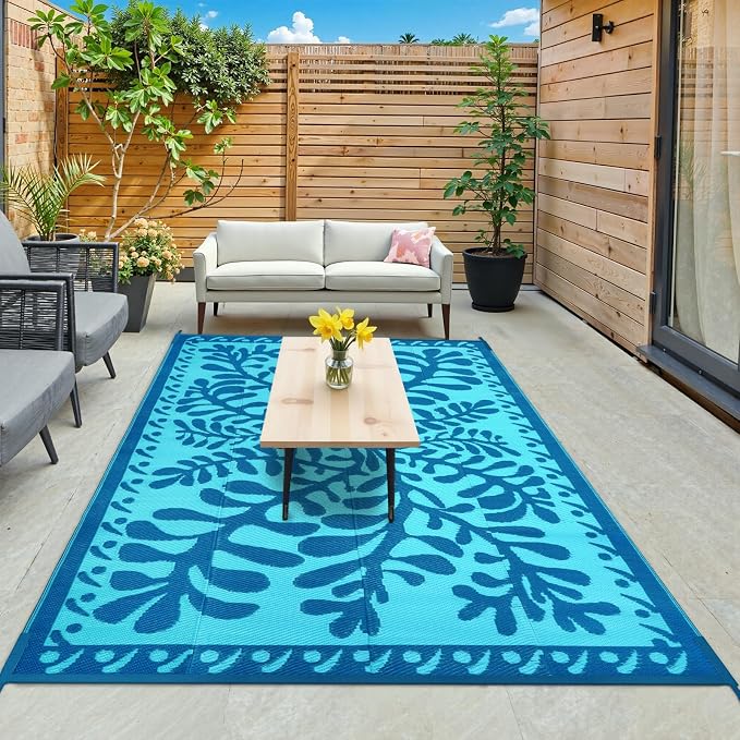Anidaroel Outdoor Area Rug for Patio Clearance 6x9 Waterproof, Reversible Plastic Straw Rug Outside Rug, RV Mat for Camping, Porch, Balcony, Pool Deck, Backyard (Blue,6âx9â)