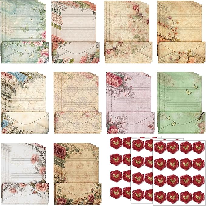 TaoBary 160 Pcs Stationery Paper Set 50 Double Sided Stationery Papers with 50 Matching Envelopes and 60 Round Dot Sticker, 10 Design(Vintage Floral,8.5 x 11 Inch)