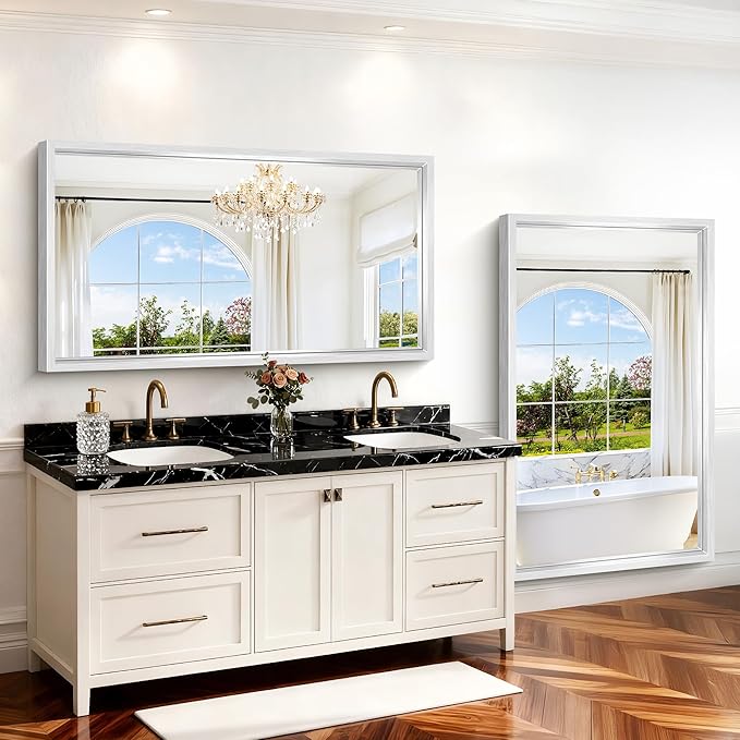 60x36 Inch Brushed Silver Bathroom Mirror, Large Rectangular Mirror