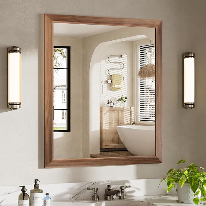 36x30 Inch Bathroom Mirror for Wall, Anti-Rust Walnut Wood Grain Metal Framed