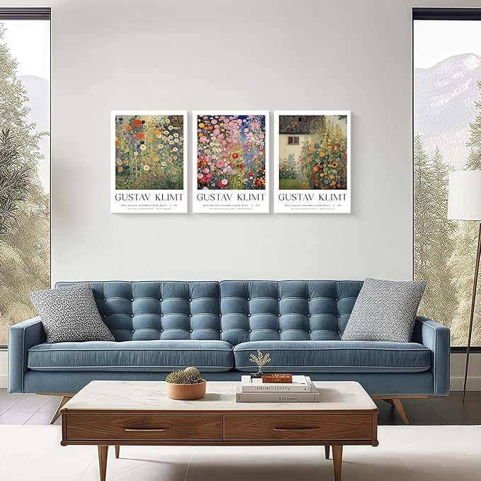 Framed Gustav Klimt Canvas Wall Art Colorful Floral Poster Picture Vintage Countryside Painting Nature Landscape Modern Home Print Living Room Gallery Office Ready to Hang 12x16 Inch x3