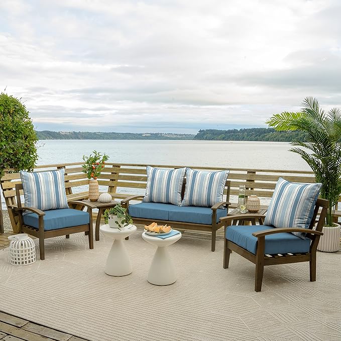 Arden Outdoor Foam Deep Seat Cushion Set (2-Pack), 24x24, Premium High-Density Foam, Never Flattens, Weather-Proof for Patio Chair Sofa Couch, French Blue Linen Stripe