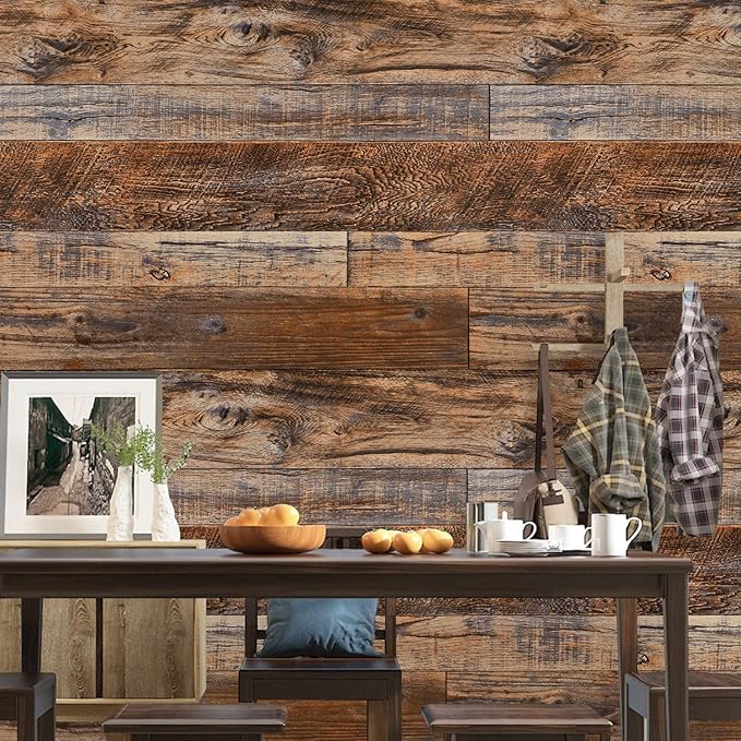 WENMER 17.71" x 394" Brown Wood Peel and Stick Wallpaper Shiplap Self Adhesive