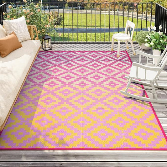 Anidaroel Ombre Outdoor Rugs 8x10 for Patios Clearance, Waterproof Camping Rugs for Outside RV, Reversible Plastic Straw Mat, Large Outdoor Area Rug for Deck, Backyard, Picnic(Orange&Pink,8âx10')