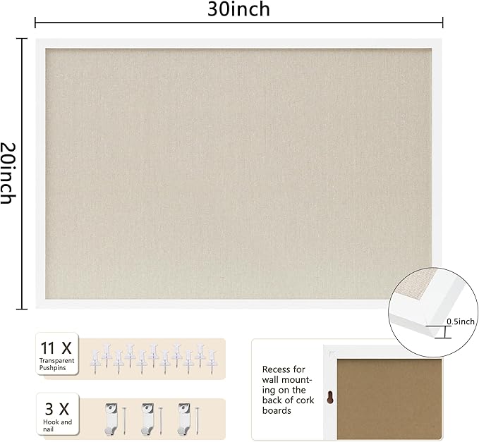 DAHAPYBOO Cork Board with Linen White, Bulletin Board 30"x20" Hanging Corkboards