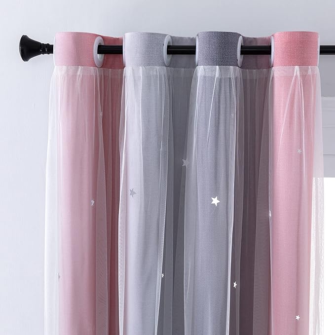 XiDi Curtains for Bedroom Decor, Rainbow Pink-Grey-34-54