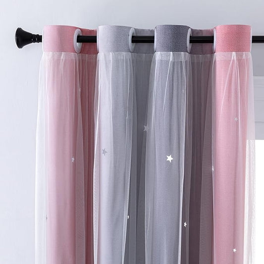 XiDi Curtains for Bedroom Decor, Rainbow Pink-Grey-34-54