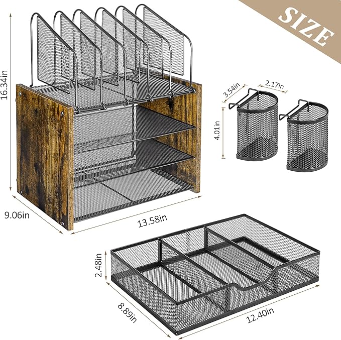 4-Tier Mesh Desk Organizer, Wooden Desk File Organizer with 5 Vertical File Holders and 2 Pen Holders, Desktop Organizers and Accessories with Drawer for Home Office