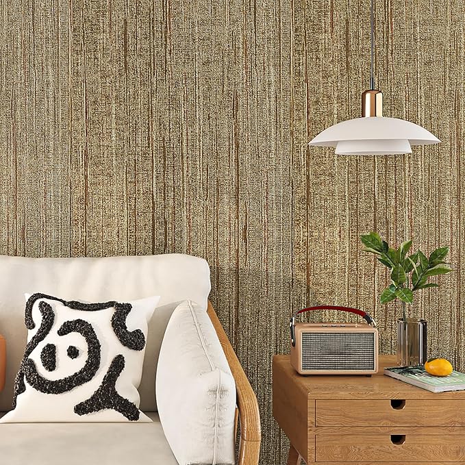 Livelynine 15.8x394 Luxury Gold Textured Wallpaper Peel and Stick Grass Cloth