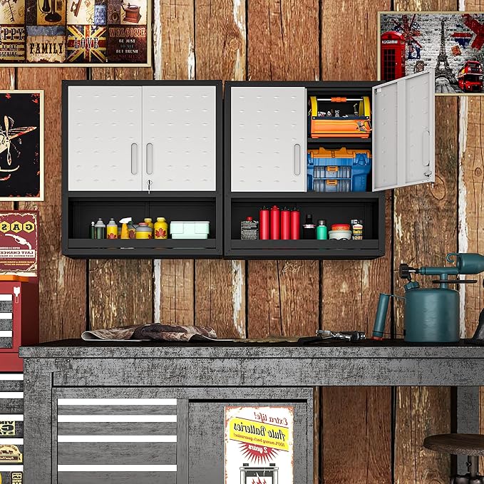 Metal Wall Cabinets with Doors and Shelves Black and Gray Garage Cabinets Wall