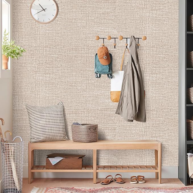 Amiya Grasscloth Khaki Wallpaper Peel and Stick Tan Faux Fabric Linen Contact
