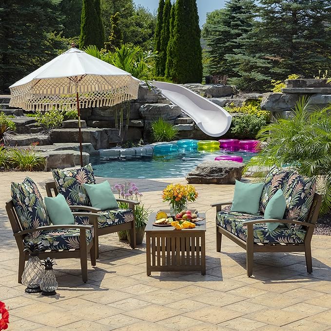 Arden Outdoor Foam Deep Seat Cushion Set, 24x24, Premium High-Density Foam, Never Flattens, Weather-Proof for Patio Chair Sofa Couch, Simone Blue Tropical