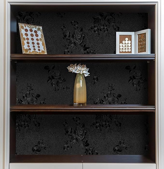 Erfoni Black Peel and Stick Wallpaper Black Floral Embossed Contact Paper