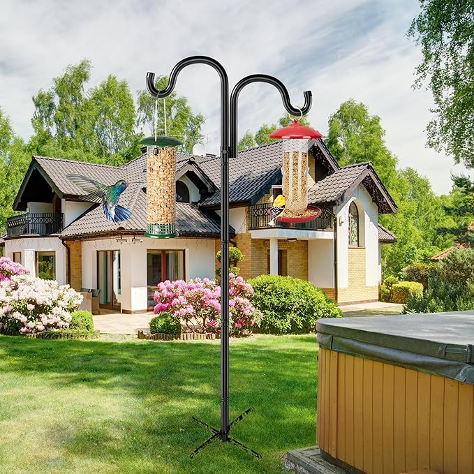 Double Shepherds Hooks for Outdoor, 108" Heavy Duty Bird Feeder Pole with 5 Prong Base, Adjustable Shepherds Hook for Bird feeders Outside, Garden, Weddings, Hanging Plants, 2 Pack, Black