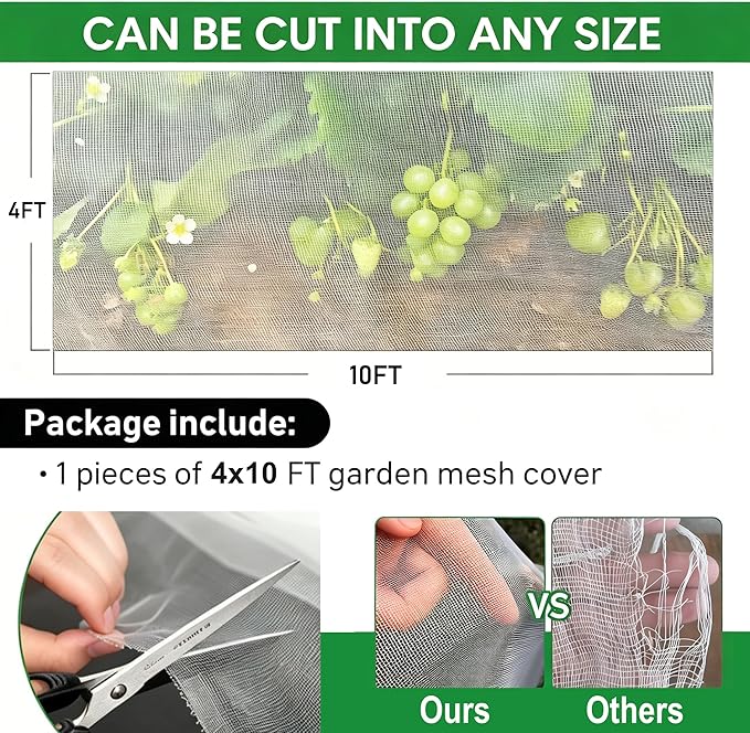 Garden Netting Pest Barrier 4x10FT Ultra Fine Insect Netting for Garden Raised Beds, Plant Net Mesh Cover for Garden Protection, Bird Bug Net, Greenhouse Row Cover Nets for Vegetables Fruits Flowers