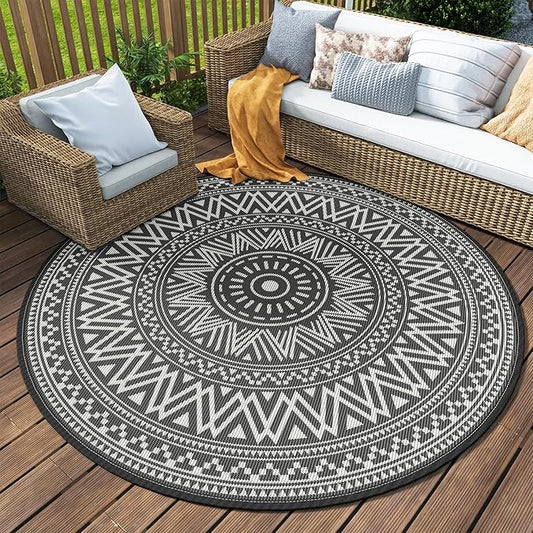 MontVoo Outdoor Rug Carpet Waterproof Round 10ft Outdoor Patio Rug Mat Reverisble Plastic Straw Outdoor Rug for RV Camping Picnic Beach Balcony Boho Grey