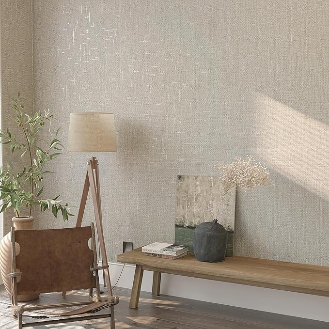 VEELIKE Beige Grasscloth Peel and Stick Wallpaper Textured Grass Woven