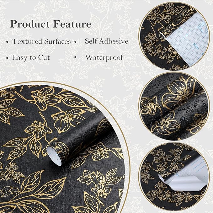 Ismoon Peel and Stick Wallpaper Black and Gold Stick on Wallpaper Dark Floral