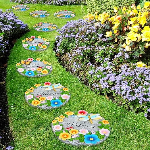 2 Pack Garden Stepping Stones Outdoor 10 Inch Round Cement Stepping Stones with Hand-Painted Flowers, Butterfly & Dragonfly, Decorative Pavers for Outside Walkway Patio Yard