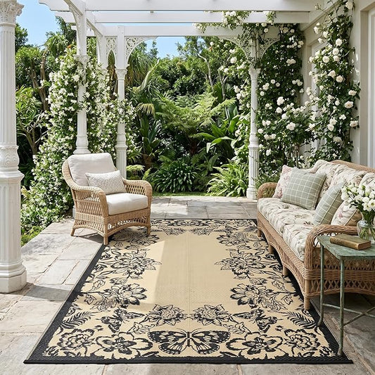 Garvee 5âx8â Waterproof Patio Outdoor Rug, Outdoor Plastic Straw Rug for Camping, RV Mat Outside, Indoor Outdoor Carpet for Porch, Deck, Backyard, Balcony, Picnic, Black & Brown