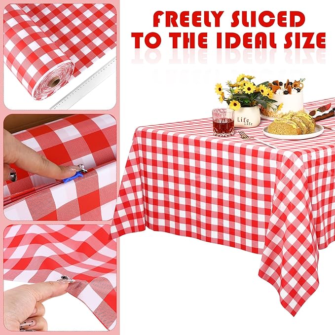 Kochorie 54 Inch x 100 Ft Red Checkered Plastic Table Cloth Roll Disposable