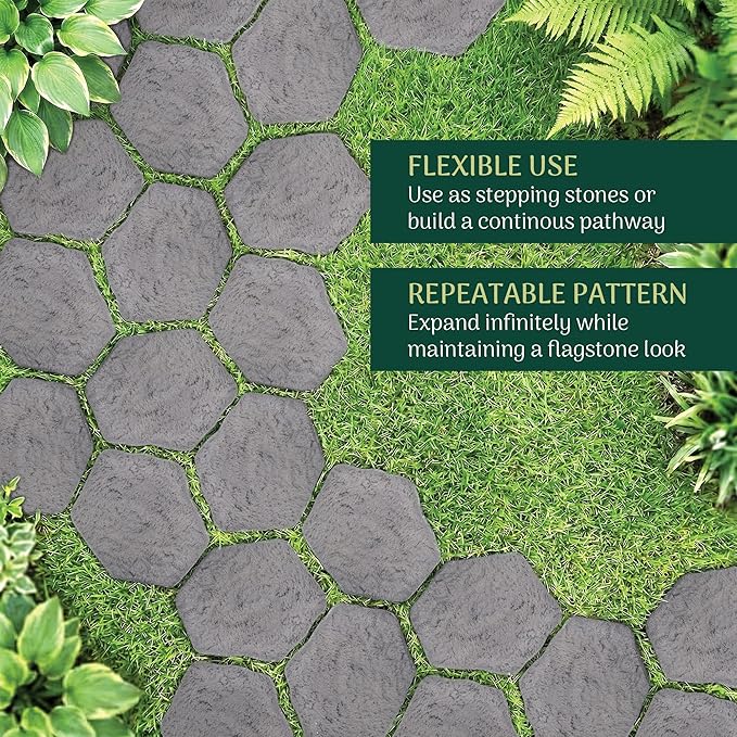 Arcadia Garden Products Set of 4, 16x17” Dark Gray Stepping Stone Fiberclay Pavers, Outdoor Garden Natural Repeatable Pattern Pathway, Faux Stone Decorative Landscaping Walkway