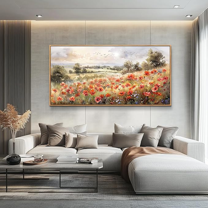 QIYILEXWART Large Wall Decor For Living Room Canvas Wall Art For Office Modern Wall Decorations For Bedroom Red Blooms Field Landscape Painting Farmhouse Pictures Artwork Room Home Decor 24x48 In