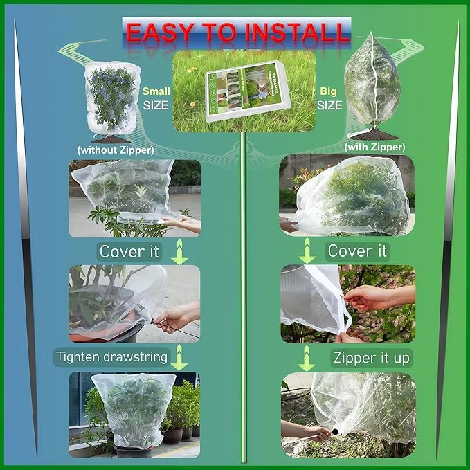 Fruit Tree Netting (4 Pack 4x5 FT)- Easy Install Plant Protection Cover, Reusable Garden Mesh Bag for Blueberry Bushes/Tomato - Block Birds/Insect/Squirrels