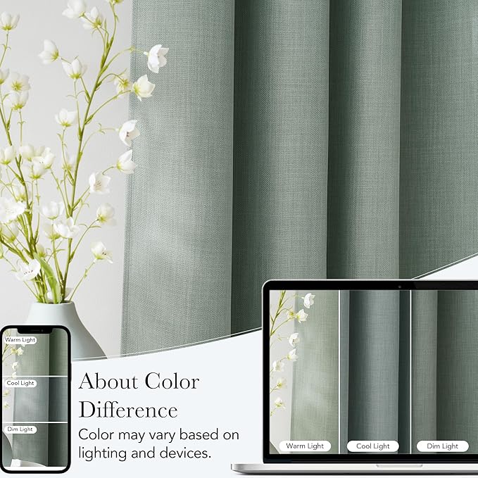 NICETOWN Sage Green Faux Linen Room Darkening Rod Pocket Curtains 63 inch Length