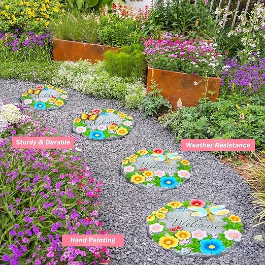 2 Pack Garden Stepping Stones Outdoor 10 Inch Round Cement Stepping Stones with Hand-Painted Flowers, Butterfly & Dragonfly, Decorative Pavers for Outside Walkway Patio Yard