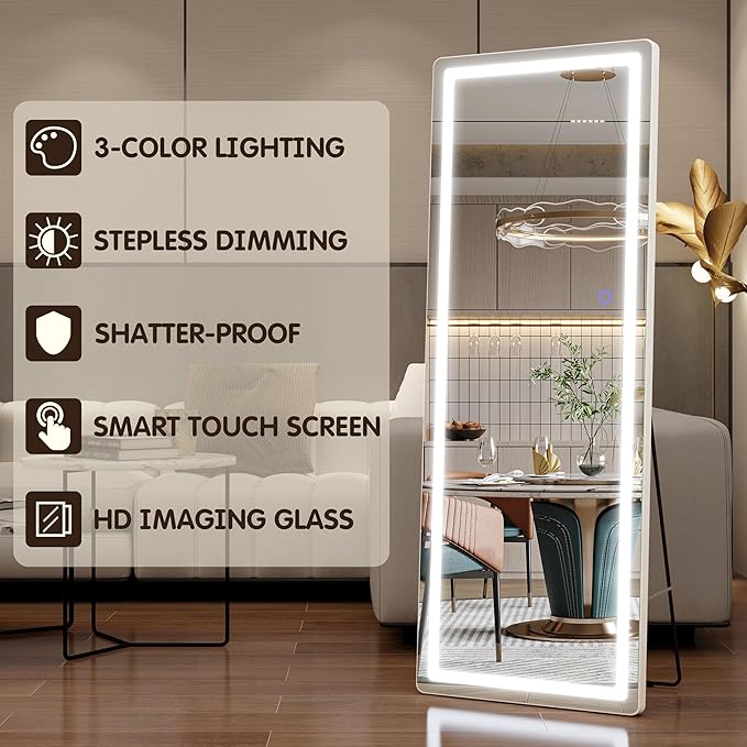 FENNIO Full Length Mirror with Lights, Free Standing Lighted Floor Mirror