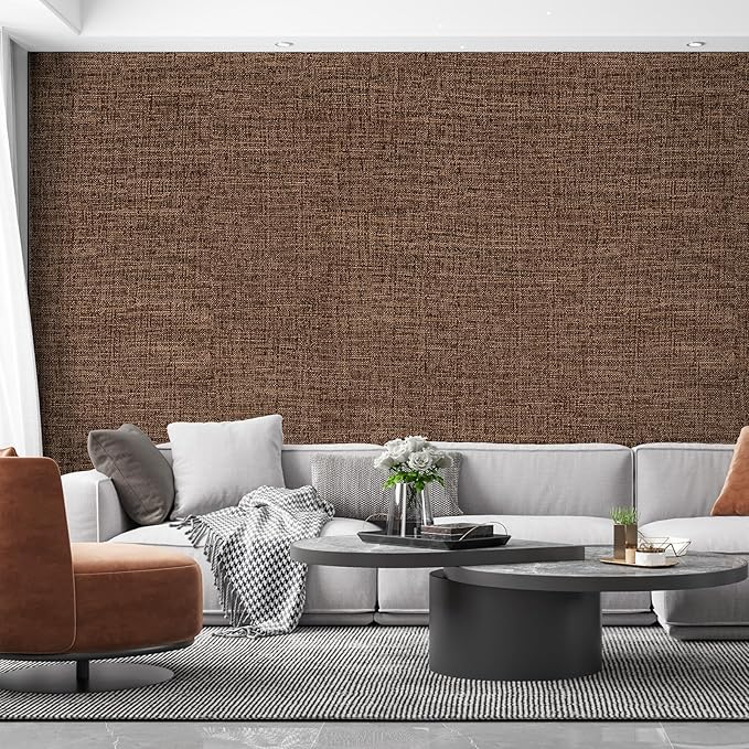 Brown Grasscloth Peel and Stick Wallpaper 17.3"x1200" Faux Linen Textured