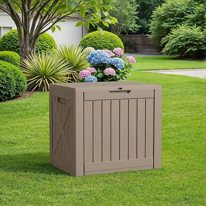 Flamaker Resin Deck Box 40 Gallon Waterproof Outdoor Indoor Storage Box Imitation Wood Resin for Patio Furniture Garden Tools and Pool (Brown)