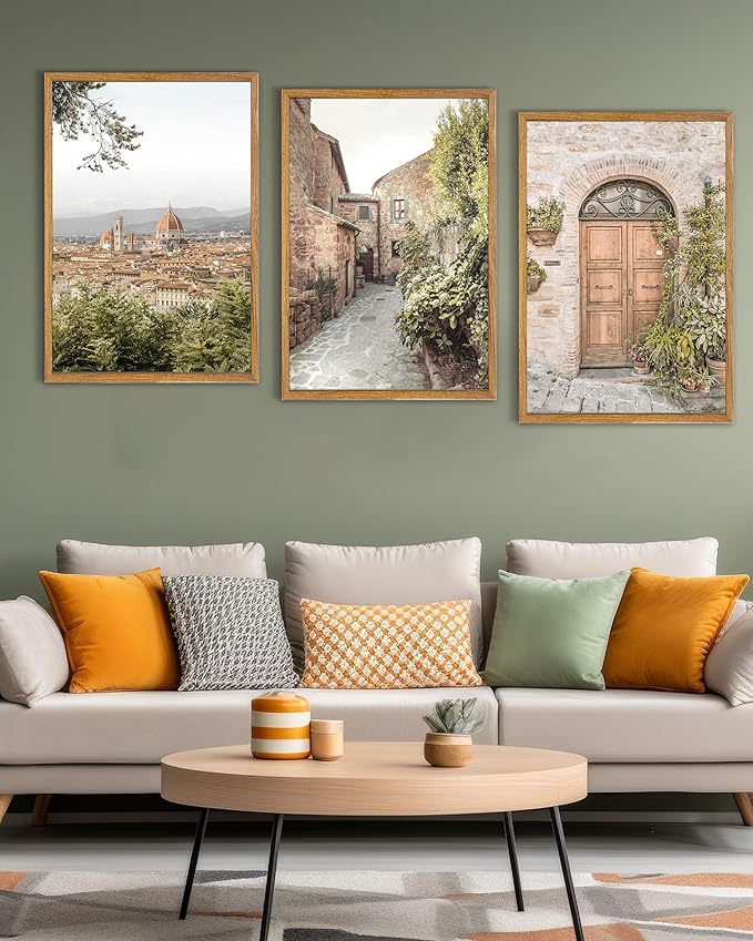 UPWOIGH Large Framed Canvas Wall Art, Set of 3 Italy Florence Travel Decor, 16x24in minimalist Natural Cotton Posters with Architecture, Tuscany Countryside, Farmhouse Aesthetic for Living Room,Office