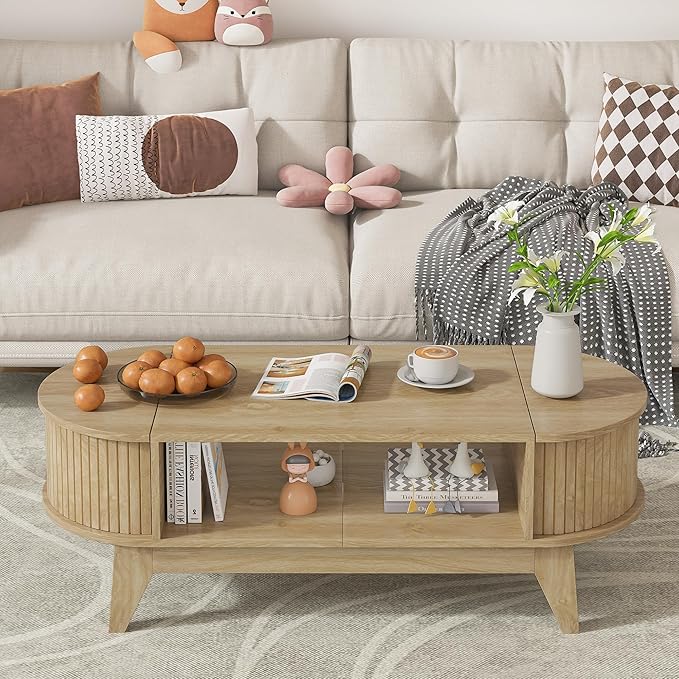 Coffee Table with 2 Hidden Storage,Mid Century Modern Coffee Table with Fluted Finish,Wood Center Tables Oval Coffee Tables with Flip-Top Lids for Living Room Home Office (Oak)