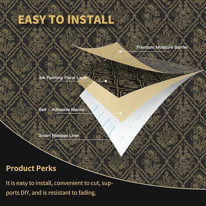 Toduso Peel and Stick Wallpaper Vintage Wall Paper Boho Contact Paper Black and
