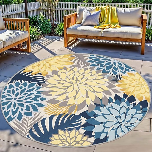Colorful 6FT Outdoor Round Area Rug Washable Rugs Multicolored Patio Rug Tropical Botanical Floral Chenille Waterproof Outdoor Carpet for RV, Pool Deck, Backyard, Porch, Ocean Dahlia