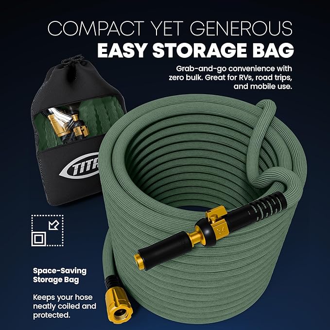 TITAN Flexible Garden Hose 65FT – Ultra Lightweight, Heavy Duty Water Hose with Brass Fittings & Jet Nozzle – Kink-Free, Non-Expanding, Durable Fabric Hose for Yard, Lawn, Car Wash, Outdoor Use