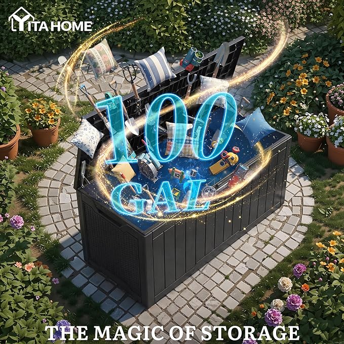 YITAHOME 100 Gallon Large Outdoor Storage Box, Water Resistant Resin Deck Box w/Silver Decorative PVC Trim Pane, Lockable Rattan Storage Container for Patio, Garden, Cushions, Tools(Black & Silver)