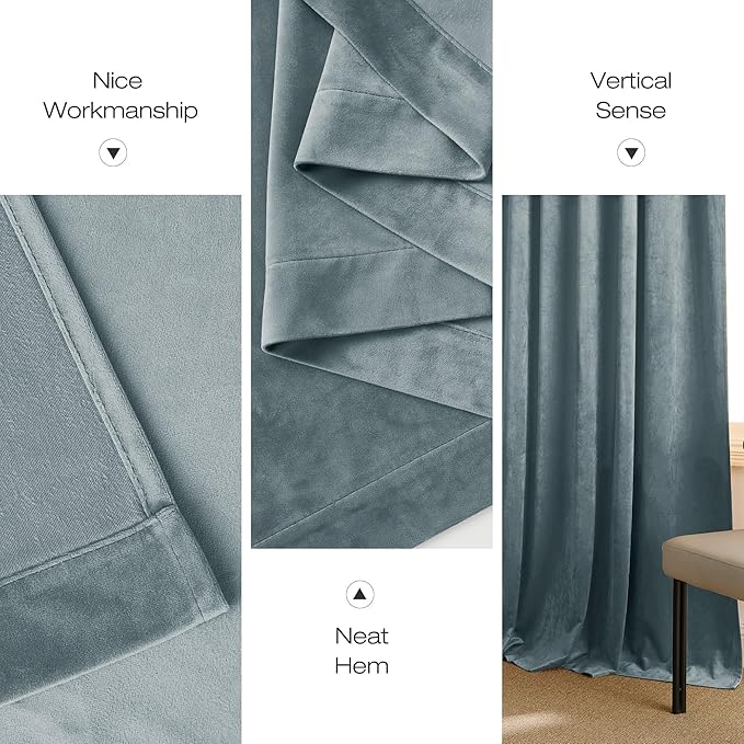 NICETOWN Stone Blue Velvet Curtains & Drapes 108 inches Long