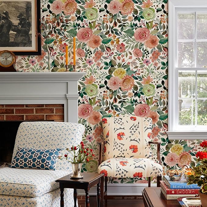 JiffDiff Floral Wallpaper Peel and Stick Pink Floral Wall Mural Removable Peony