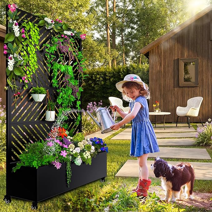 MTART Metal Planter Box with Trellis, 72.1"x47.2"x16" Outdoor Galvanized Raised