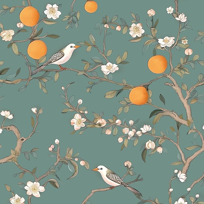 Green Floral Wallpaper Peel and Stick, Birds & Orange Fruits Contact Paper