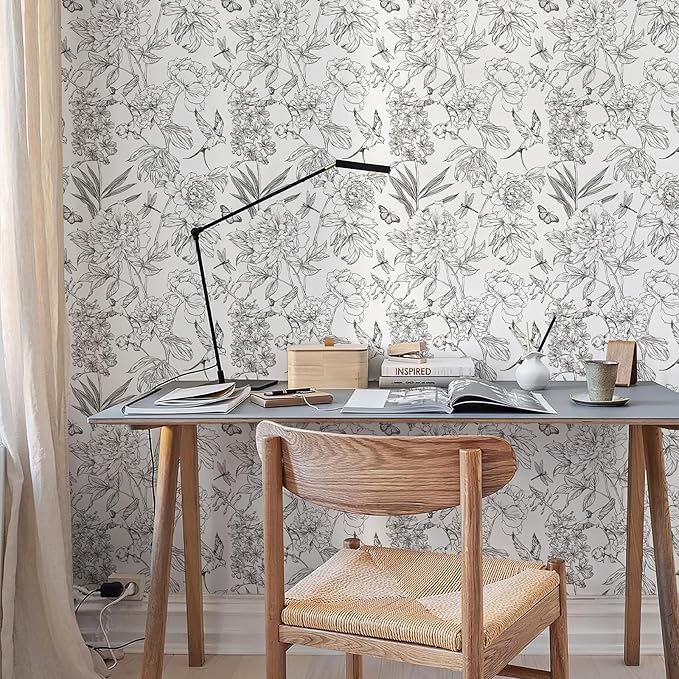 Jiffdiff White and Black Wallpaper Peel and Stick Sketched Peony Floral