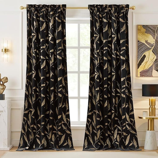 NICETOWN Black Velvet Curtains 2 Panels
